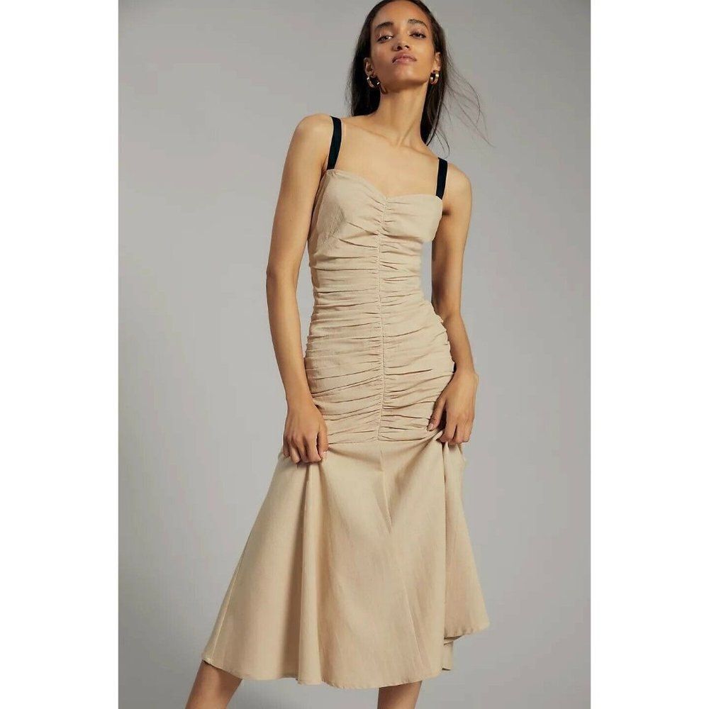 NWT ANTHROPOLOGIE Sz 8 ATSU SUMMER RUCHED MIDI DRESS COTTON LINEN